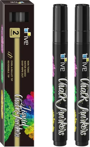 TFIVE Marcadores de tiza líquida negra, paquete de 2 rotuladores de tiza borrables de colores brillantes, punta reversible, no tóxicos, para