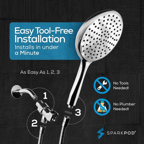 Miniatura 3 de SparkPod Cabezal de ducha de mano de alta presión con manguera, cara enorme de 6 pulgadas, ducha de lluvia con manguera extra larga de 6 pies