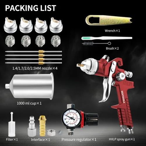 Miniatura 6 de HVLP Pistola de pulverización de alimentación por gravedad con 4 boquillas de 1.4/1.7/2.0/0.098 in y taza de aluminio de 1000 cc, pistola de pintura