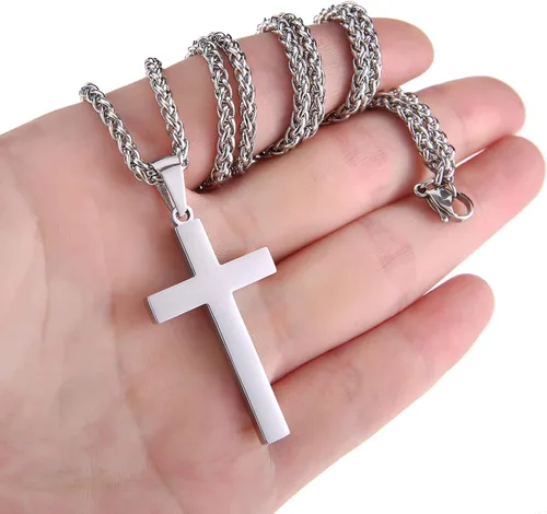 Miniatura 2 de RS Collar de cruz para hombres, niños y mujeres, de 16 a 24 pulgadas, cadena colgante de cruz de acero inoxidable, regalo religioso, Acero