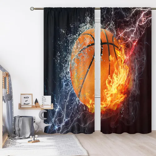 Miniatura 8 de Cortinas deportivas para niños de 29 pulgadas de ancho x 63 pulgadas de largo, bolsillo para barra, diseño abstracto de llamas, básquetbol