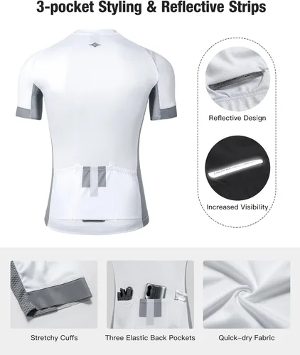 Miniatura 3 de Santic Camiseta de ciclismo para hombre, manga corta, camiseta de ciclismo de carretera, con cremallera completa, UPF 50+, MTB con bolsillos