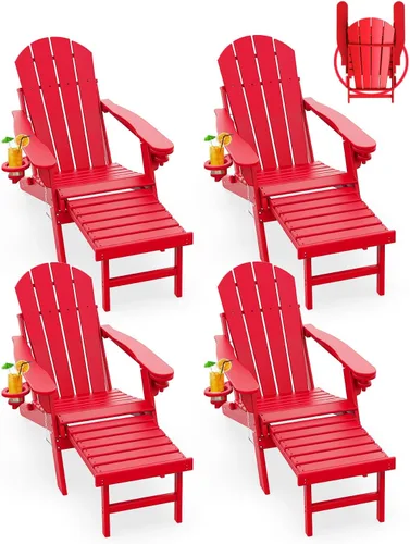 Miniatura 18 de GREENVINES Sillas Adirondack con Otomano Juego de 2 Grano de Madera Plegable Reposapiés Retráctil Plástico HDPE Silla para Hoguera Todo