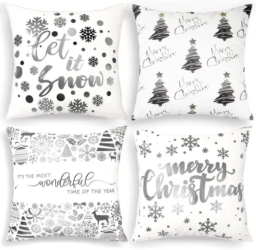 Miniatura 2 de JOJOGOGO Decoraciones de Navidad Fundas de Almohada de Navidad Plateadas y Blancas 18x18 Juego de 4, Decoración de Navidad Plateada Copos de Nieve
