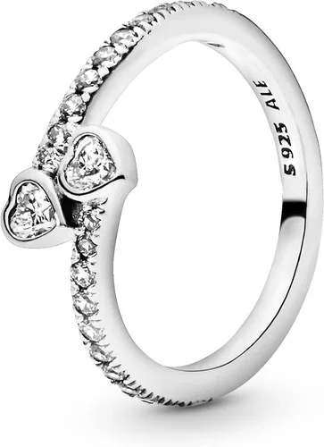 PANDORA Jewelry - Anillo de circonita cúbica con dos corazones brillantes en plata de ley, Metal, Zirconia cúbica