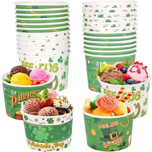 HOWAF 24 unidades de suministros de fiesta del día de San Patricio, cuencos de helado, tazas desechables para aperitivos para Sundae Irlandés Verde