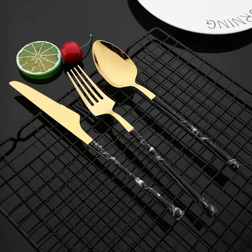 Miniatura 5 de JASHII Juego de cubiertos de acero inoxidable con textura de mármol, 24 piezas, tenedor de cuchillo, cuchara de té, cubiertos plateados para 6
