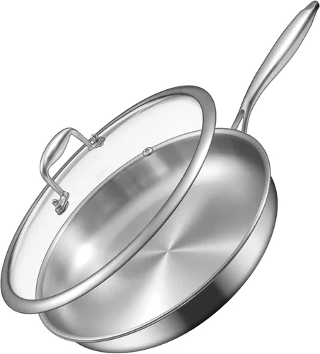 EWFEN Sartén de acero inoxidable de tres capas de 12 pulgadas, compatible con todas las estufas de hasta 600 ℉, sartén grande con tapas, sartén