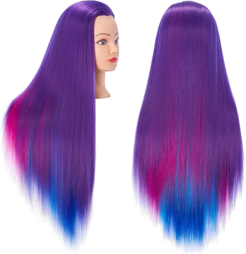 Miniatura 15 de Hairingrid Cabeza de maniquí de 26 a 28 pulgadas, para entrenamiento de peinado, cosmetología, cabeza de muñeca, pelo de fibra sintética y soporte