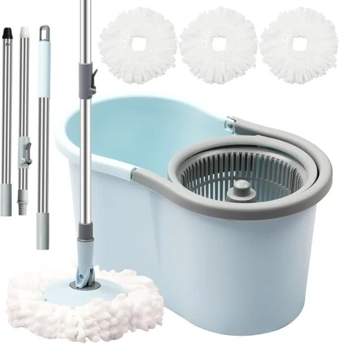 Trapeador giratorio y cubo con juego de escurridor, sistema de fregona y cubo de 360° con 3 repuestos de fregona de microfibra y mango extendido de
