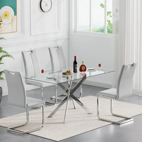 Miniatura 24 de Juego de mesa de comedor de cristal negro de 51 pulgadas para mesa de cocina de 4,5 piezas y sillas con patas de metal y 4 sillas de comedor de piel