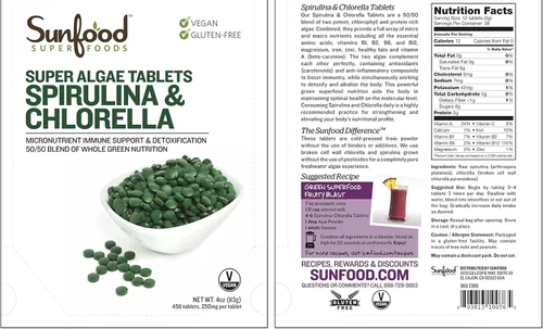 Miniatura 3 de Tabletas de Clorela y Espirulina Sunfood - Pastillas en Polvo de Espirulina y Clorela, Suplemento de Algas Verdes Rico en Clorofila, Pared Celular