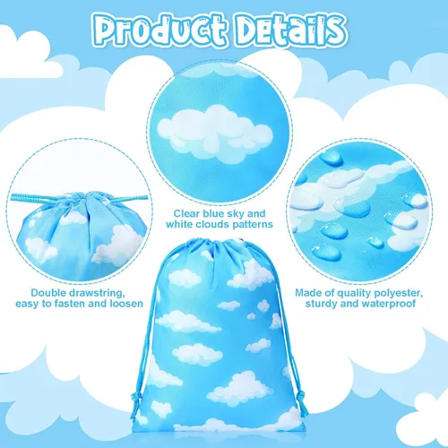 Miniatura 3 de Capoda 16 bolsas de regalo de fiesta de cielo azul, nubes blancas, pequeñas bolsas con cordón, bolsas de regalo temáticas de cielo azul, con cuerda
