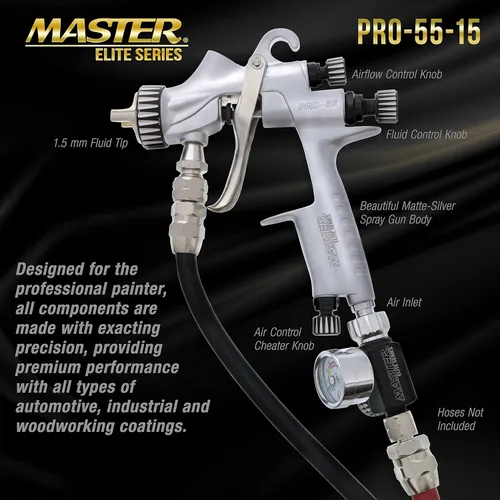 Miniatura 3 de Master Elite PRO-55 HVLP Pistola de pintura en aerosol automotriz con punta de 1.5mm - Pistola rociadora de alimentación a presión para pintar capas