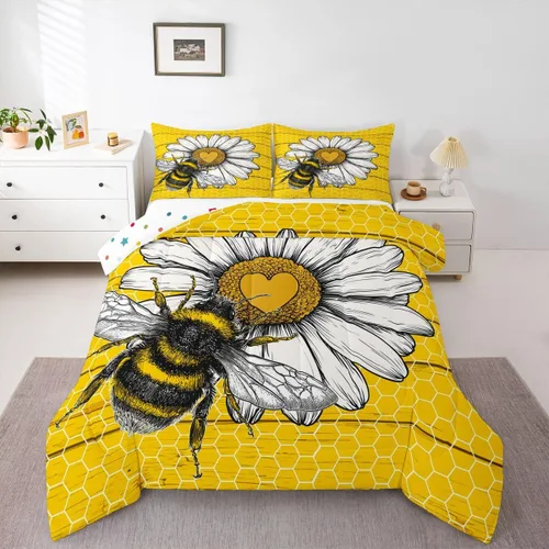 Miniatura 7 de Erosebridal Honey Bee - Juego de edredón tamaño individual, color negro y dorado, juego de edredón de animales lindos con diseño geométrico de panal
