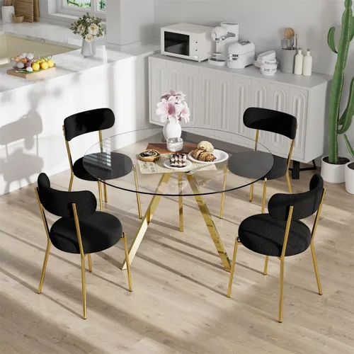 Miniatura 2 de Juego de mesa de comedor circular de vidrio de 39 pulgadas para 4, mesa de comedor redonda pequeña y 4 sillas tapizadas, moderno juego de mesa