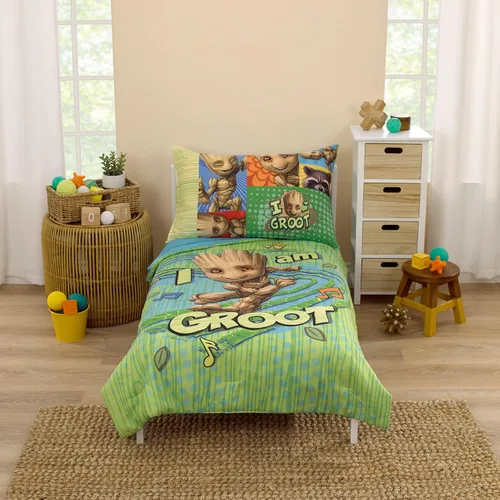 Miniatura 12 de NoJo Marvel Guardians of The Galaxy Azul Let's Rock Juego de Cama para Niños Pequeños de 4 Piezas - Edredón, Sábana Bajera Ajustable, Sábana