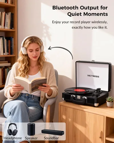 Miniatura 3 de Tocadiscos de vinilo con entrada y salida Bluetooth, tocadiscos portátil vintage de maleta, tocadiscos LP de 3 velocidades con conversión de vinilo