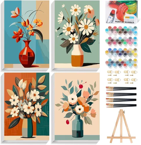 Miniatura 9 de Offito Paquete de 4 pinturas enmarcadas por números para adultos principiantes con caballete de madera, kit de pintura fácil de paisaje por números