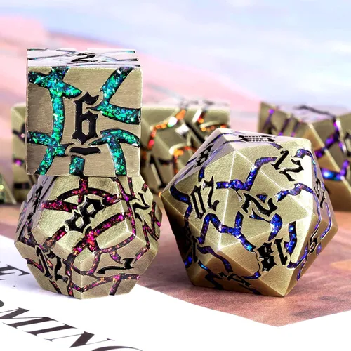 Miniatura 4 de Juego de Dados de Metal DND, Conjunto de 7 Dados Poliédricos D&D, Conjunto de Dados con Grietas Brillantes para Juego de Rol Calabozos y Dragones