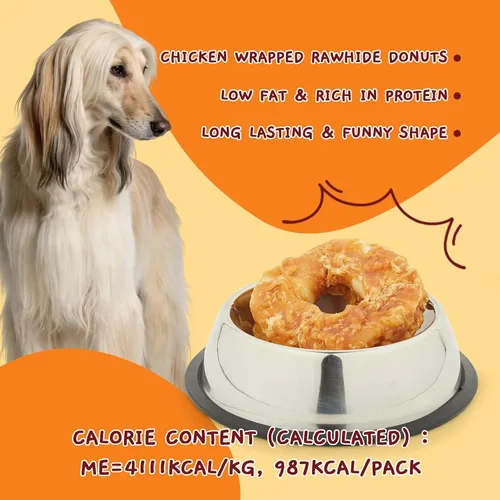 Miniatura 6 de Jungle Calling Golosinas masticables de cuero crudo de larga duración para perros, donas de cuero crudo envueltas en pollo, aperitivos masticables