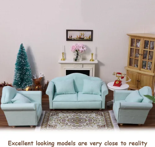Miniatura 6 de Sofá de casa de muñecas, muebles en miniatura, sofá con almohadas para sala de estar, decoración de escritorio, sofá de tela, mini accesorios