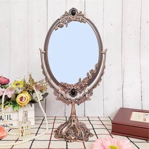 Miniatura 6 de Guppy Espejo de maquillaje vintage de metal pequeño, espejo cosmético ovalado de mesa floral, espejo cosmético giratorio vintage de doble cara