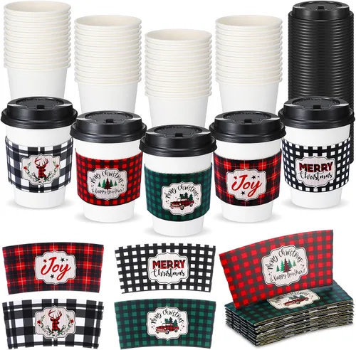 Miniatura 9 de Yungyan Paquete de 50 tazas de café desechables de Navidad de 12 onzas con tapas y mangas, tazas de chocolate caliente de papel, suministros