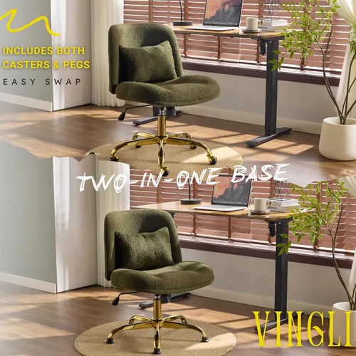 Miniatura 7 de VINGLI Silla de oficina ancha con patas cruzadas, silla de escritorio ergonómica capitoné cómoda con almohada y base dorada, doble uso con/sin Verde