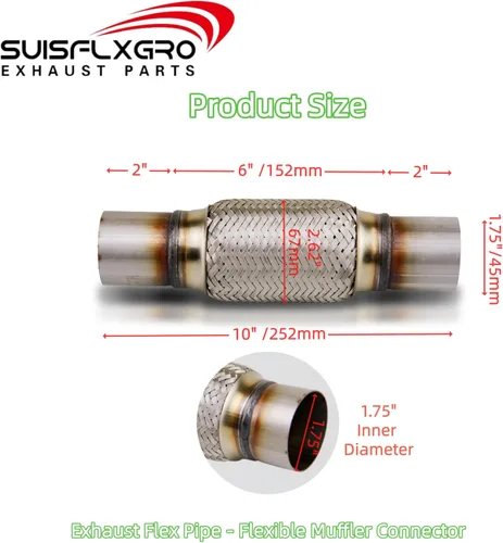 Miniatura 4 de Tubo Flexible de Escape SUISFLXGRO Tipo Universal 100% Acero Inoxidable Para Vehículos Pesados y Coches (1 Pieza, 1.75X6X10)