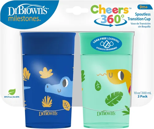 Miniatura 2 de Dr. Brown's Milestones Cheers 360 - Vaso de transición sin boquilla, apto para viajes y sin fugas, para bebés y niños pequeños, animales azul/verde