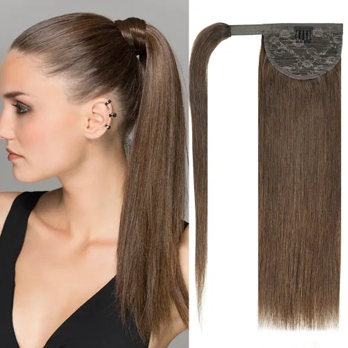 Miniatura 11 de Extensión de cola de caballo de cabello humano #4 marrón chocolate 100% Remy, extensión de cola de caballo recta envolvente alrededor de colas