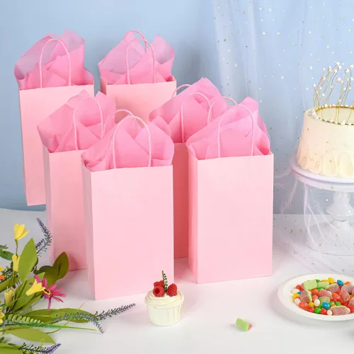 Miniatura 2 de DjinnGlory Paquete de 24 pequeñas bolsas de regalo de papel rosa con asas de 9 x 5.5 x 3.15 pulgadas y 24 papel de regalo de seda para negocios