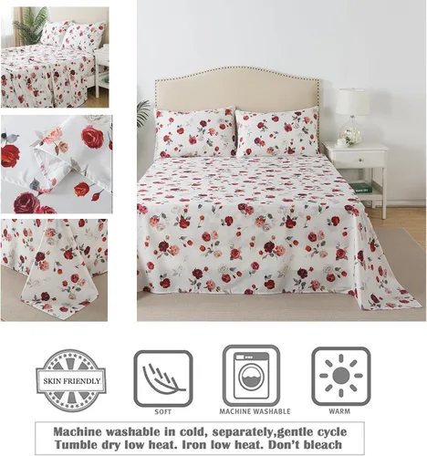 Miniatura 4 de FADFAY Juego de sábanas de rosas blancas, ropa de cama vintage floral de rosas, ropa de cama estilo rústico, 100% algodón egipcio percal, 800 hilos