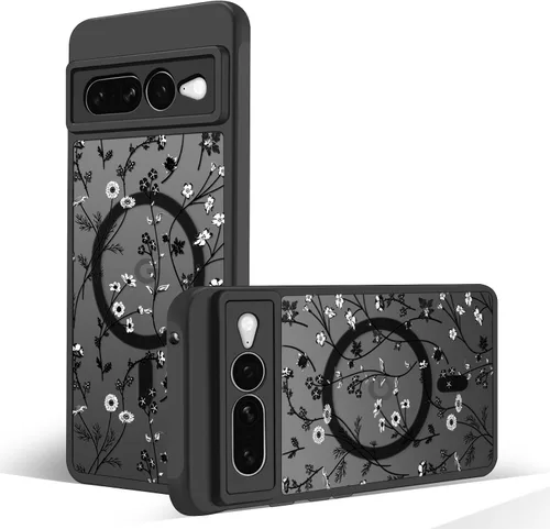 Miniatura 17 de Funda magnética para Google Pixel 10A [Compatible con MagSafe] Funda con patrón floral de flores negras para mujeres y niñas, con borde de TPU Rama