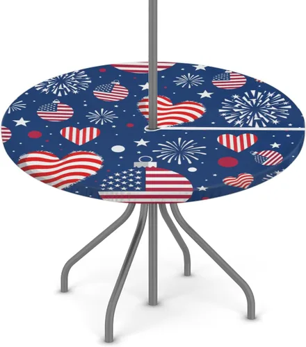 Pardick Mantel redondo azul para exteriores con agujero para paraguas, decoración patriótica, mantel ajustable para mesa de patio, mantel