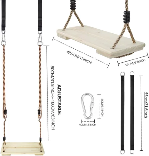 Miniatura 2 de KINSPORY - Juego de columpios para exteriores, cuerda de nailon ajustable con correas para colgar en el árbol, asiento de columpio de madera