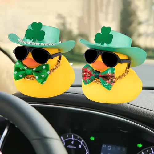 Miniatura 7 de Wonuu Decoración del día de San Patricio de pato de goma, sombrero de trébol verde de la suerte y decoración del automóvil, sombrero de vaquero