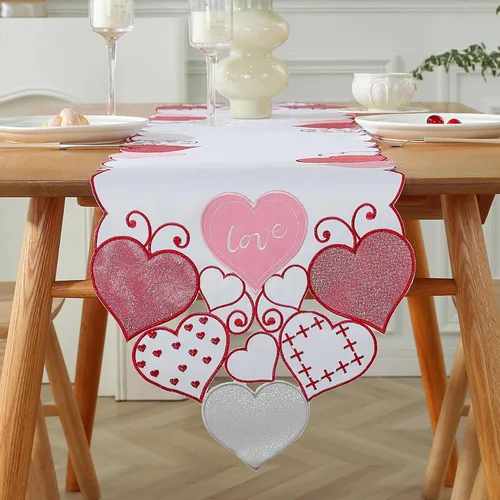 Miniatura 14 de Decoración del día de San Valentín, camino de mesa para el día de San Valentín, 70 pulgadas de largo, decoración de corazón bordado para el hogar