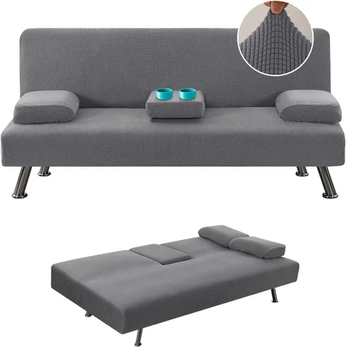 Miniatura 8 de LiveGo Funda para futón, 4 piezas, elásticas, para futón, sofá cama, con reposabrazos extraíbles y portavasos, protector de muebles, tela jacquard