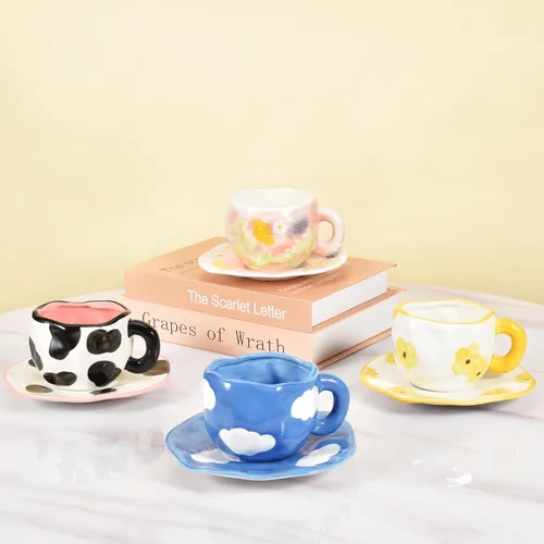 Miniatura 5 de Koythin - Taza de café de cerámica con platillo, taza única y bonita hecha a mano para mujeres para oficina y hogar, apta para lavavajillas y Cielo