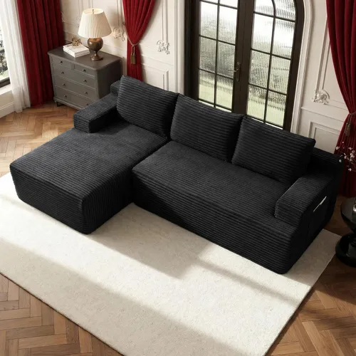 Sofá modular moderno de 96 pulgadas para sala de estar, sofá modular tapizado, sin hueso, cómodo sofá nube con diván en forma de L (negro, diván