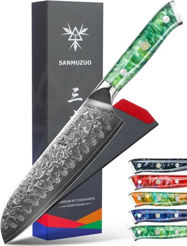 Santoku Cuchillo de 7 pulgadas - Serie Xuan - Cuchillo de cocina de acero Damasco VG10 - Mango de resina (verde jade)
