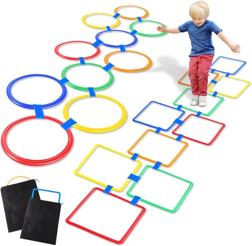 Woanger 2 Juegos de Cuadrados de Rayuela al Aire Libre 20 Piezas Juego de Anillos de Rayuela con 30 Conectores Carrera de Obstáculos Interior y