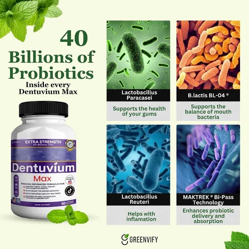 Miniatura 8 de Suplemento probiótico Dentuvium Max, 40 mil millones de UFC, apoya la salud digestiva de los dientes, encías, garganta, sin gluten, sin azúcar, sin