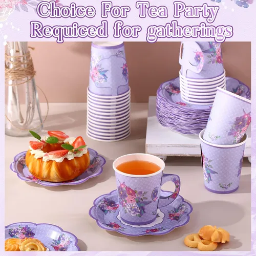Miniatura 4 de Mifoci Juego de 200 tazas y platos de papel floral de 9 onzas, tazas de té y platillos desechables, tazas de té y platillos de flores vintage