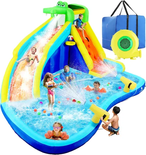 ROOJER Tobogán acuático inflable de cocodrilo para patio trasero de niños, 8 en 1, casa de rebote húmeda y seca, parque acuático con soplador,