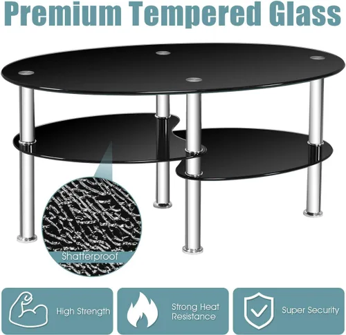 Miniatura 6 de POWERSTONE Mesa de centro ovalada negra de 3 niveles de vidrio templado, pequeña y moderna para oficina en casa, sala de estar, espacios pequeños