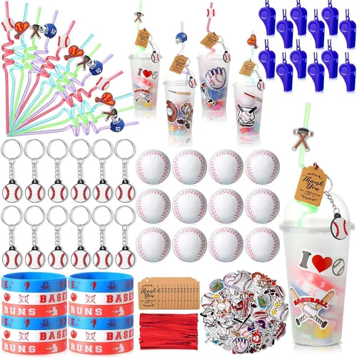 Miniatura 8 de Weysat 184 piezas de artículos para fiestas deportivas, rellenos para bolsas de regalos, taza, pajita, pelota antiestrés, llavero, calcomanía