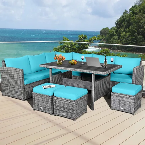Miniatura 3 de HAPPYGRILL Juego de muebles de mimbre de ratán de 7 piezas, juego de muebles de patio al aire libre con cojines, juego de sofá de ratán con mesa